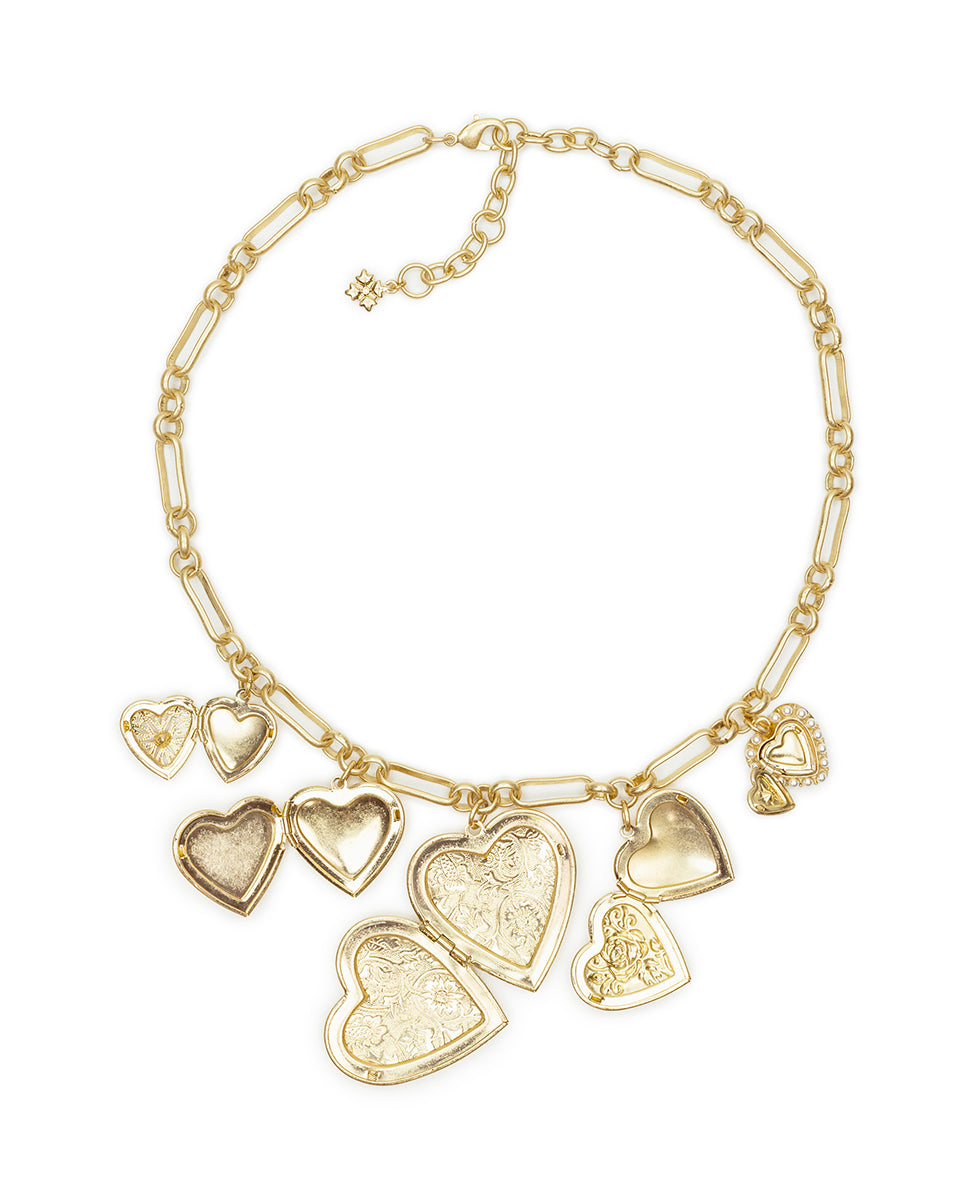 Female - 5 Locket Charm Necklace - Love Locket - worn gold - by Patricia Nash - View 3 of 4