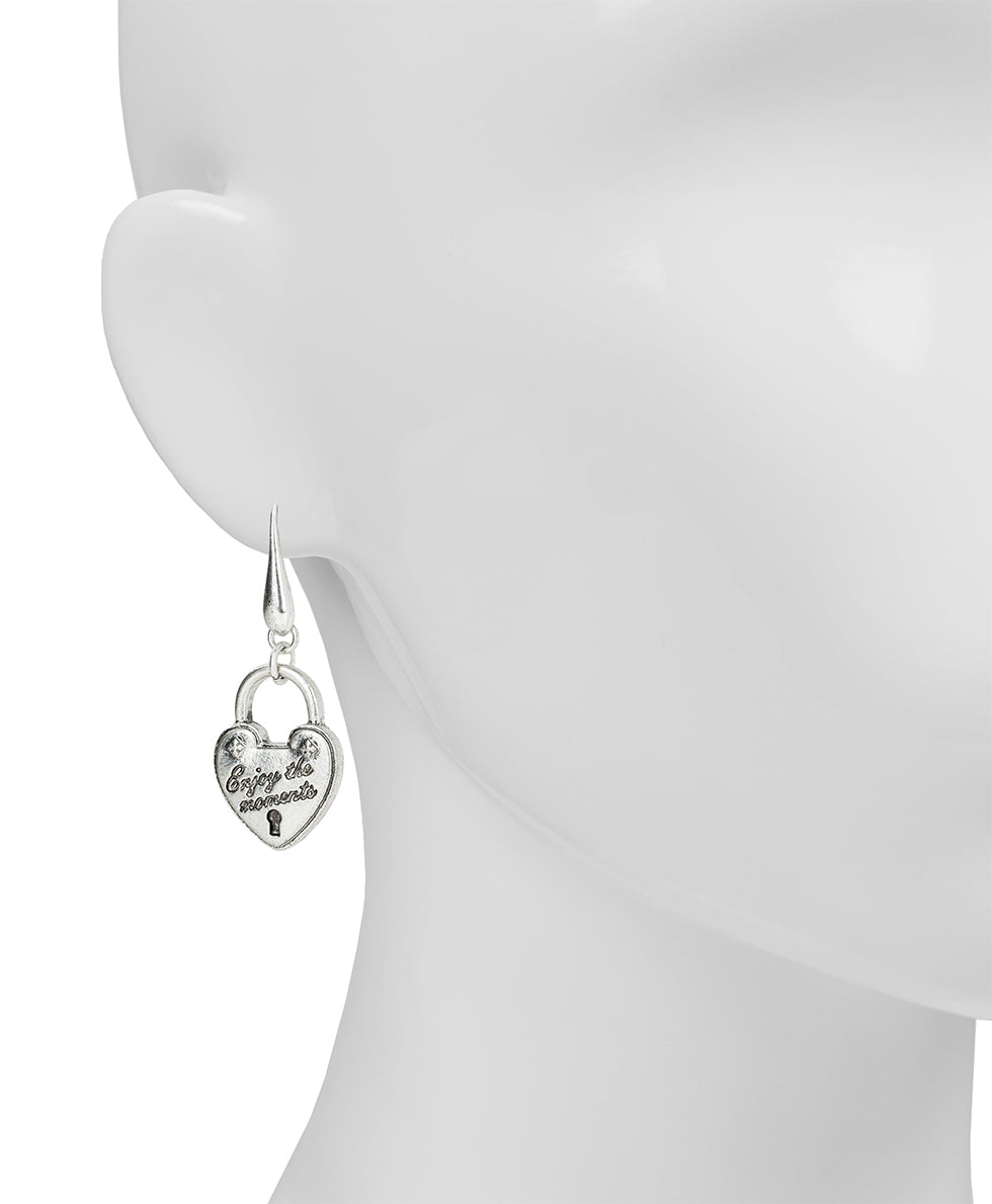 Female - Heart Lock Drop Earrings - Lock and Key Collection - silver ox - by Patricia Nash - View 2 of 2