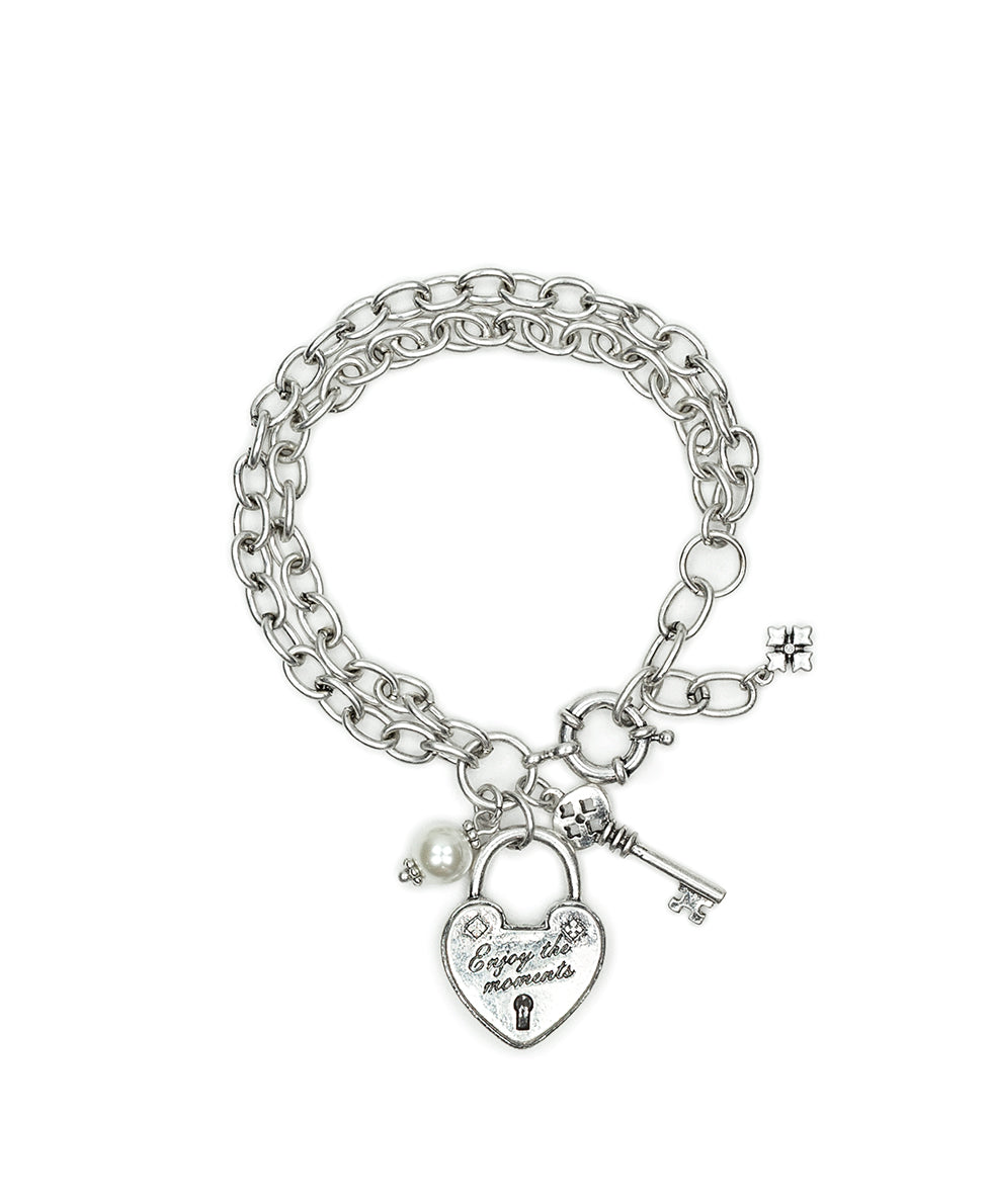 Female - Double Chain Bracelet - Lock and Key Collection - silver ox - by Patricia Nash - View 1 of 2