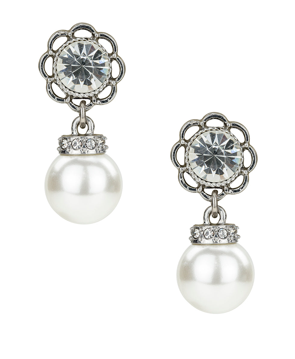 Female - Short Bead Drop Post Earrings - Pearl Jewelry - worn rhodium - by Patricia Nash - View 1 of 2