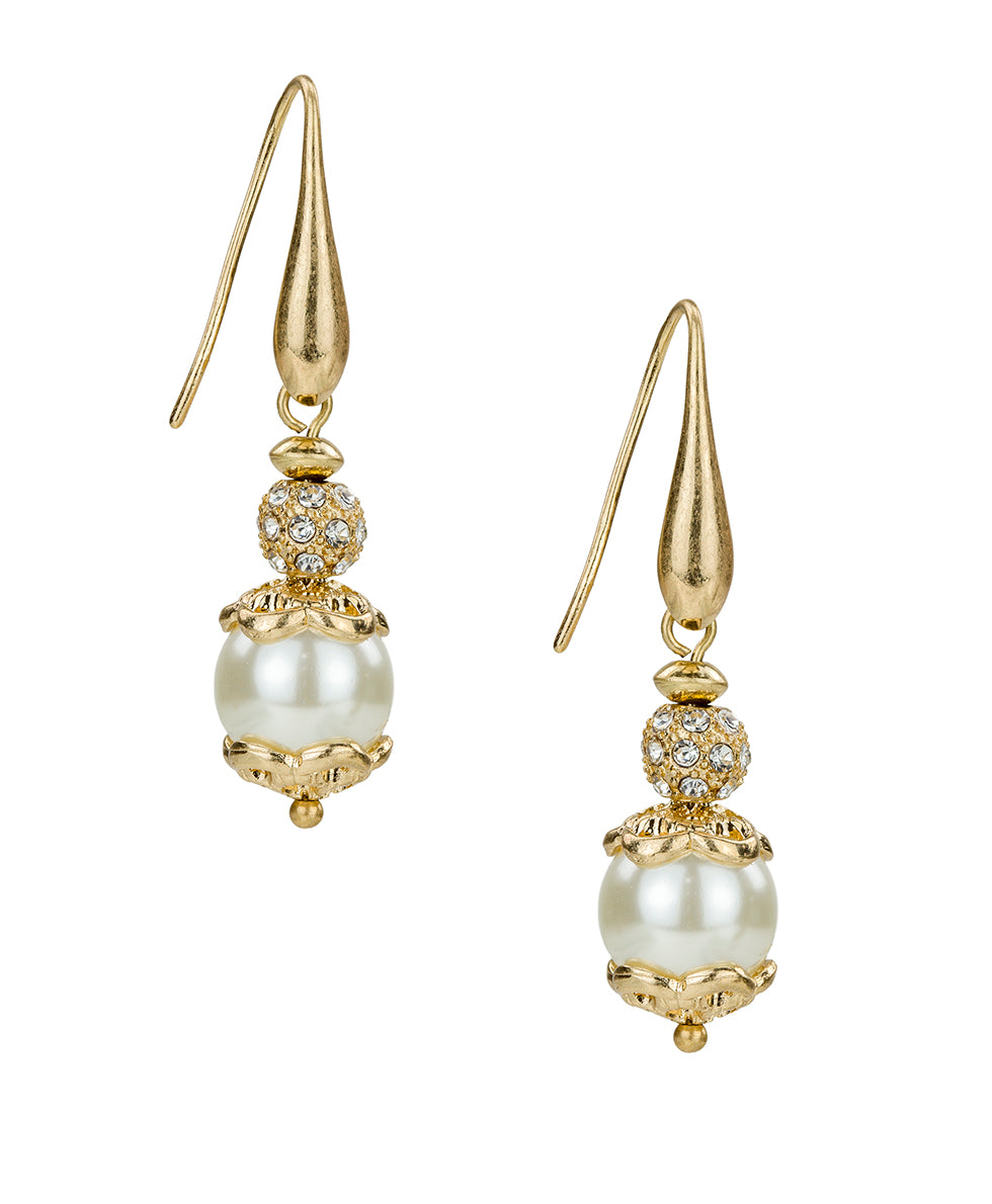 Female - Wire Drop Pearl Earrings - Pearl Collection - worn gold - by Patricia Nash - View 1 of 2