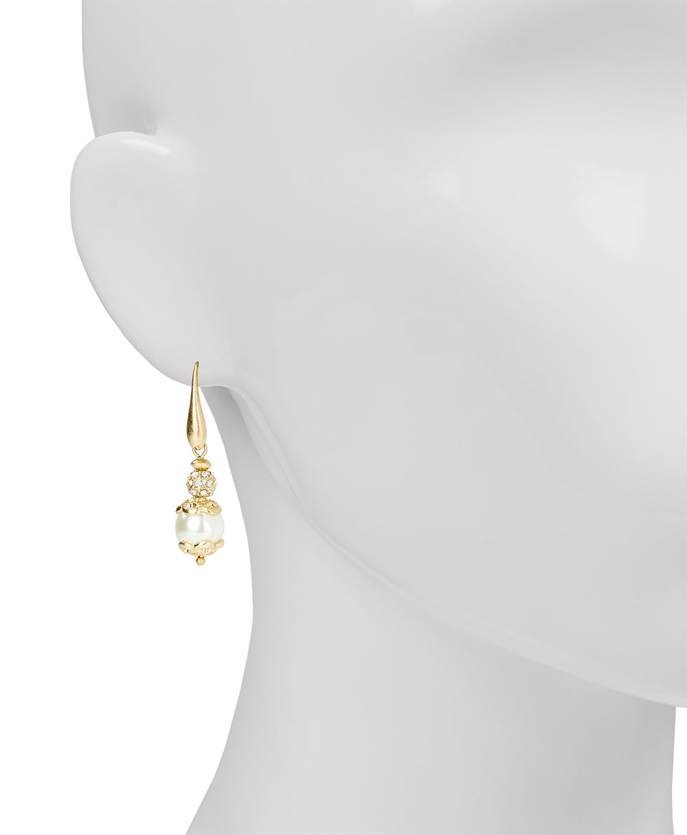 Female - Wire Drop Pearl Earrings - Pearl Collection - worn gold - by Patricia Nash - View 2 of 2
