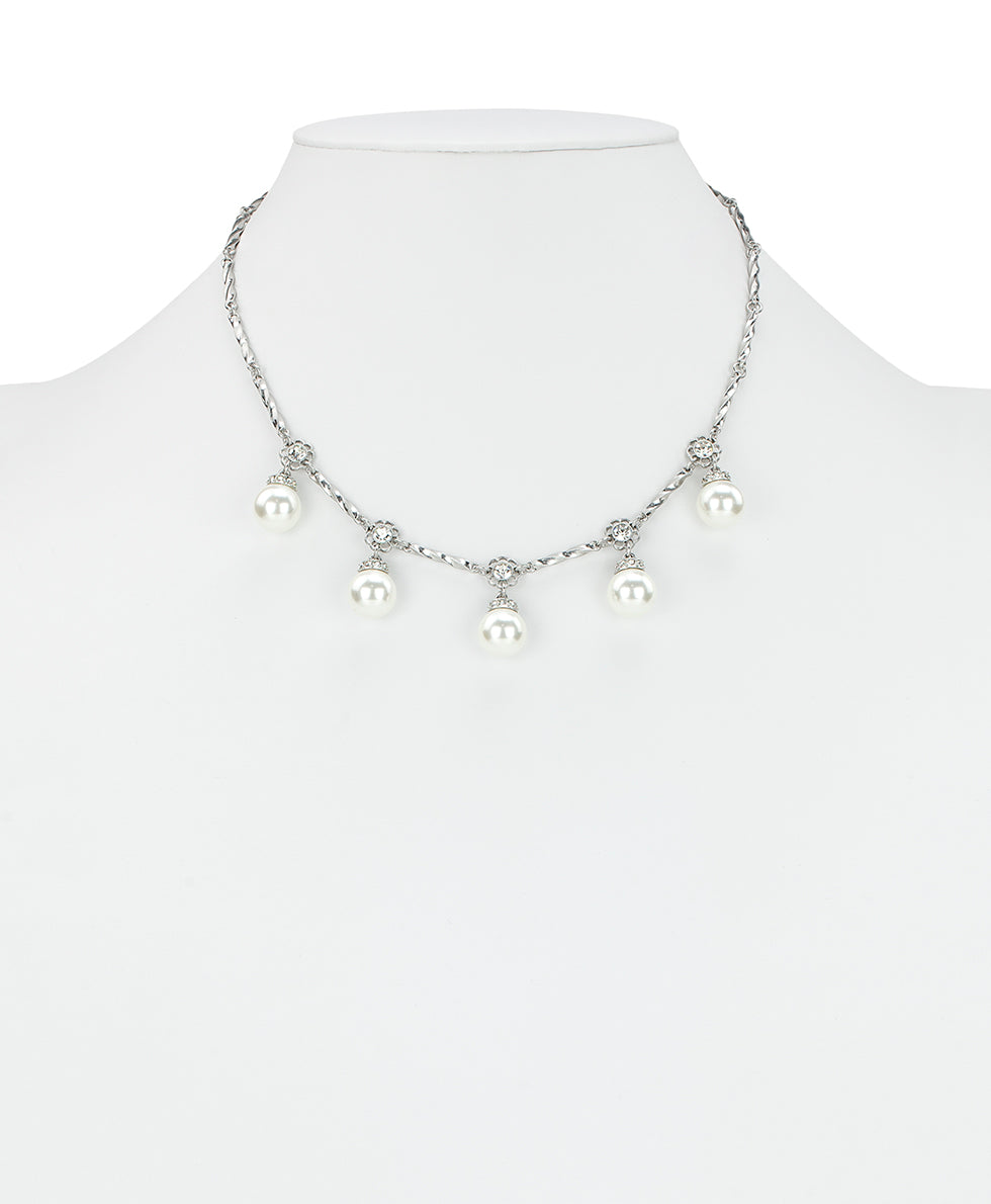 Female - 5 Pearl Charm Necklace - Pearl Jewelry - worn rhodium - by Patricia Nash - View 2 of 2
