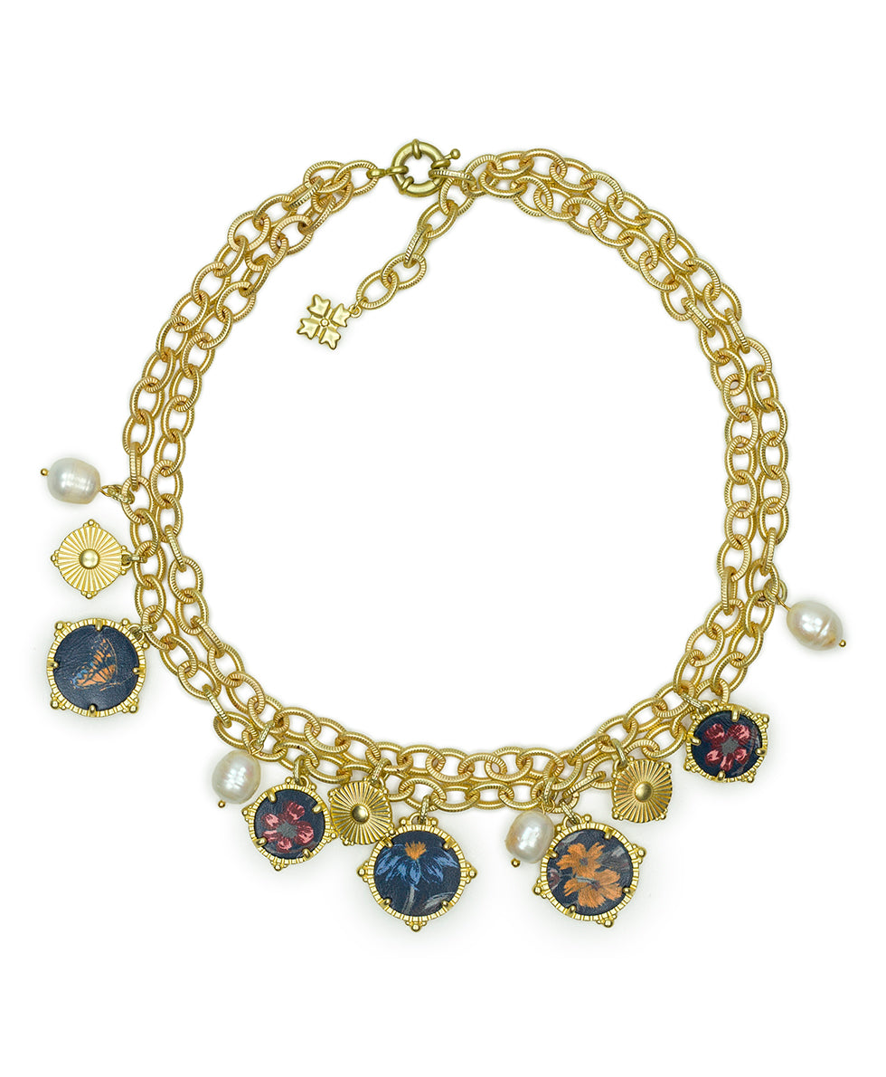 Female - Double Chain Charm Necklace - Leather Inset - egyptian gold - by Patricia Nash - View 1 of 2