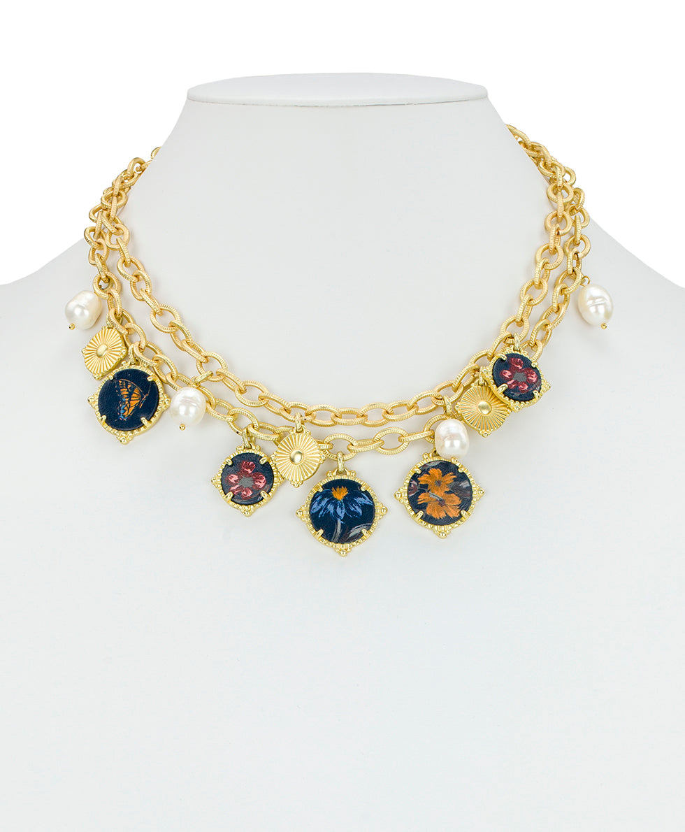 Female - Double Chain Charm Necklace - Leather Inset - egyptian gold - by Patricia Nash - View 2 of 2