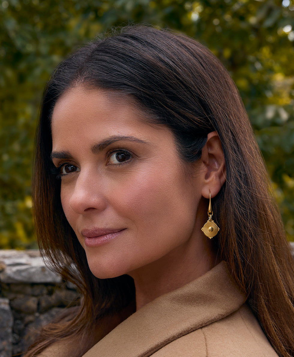 Female - Wire Disc Drop Earrings - Leather Inset - egyptian gold - by Patricia Nash - View 3 of 3