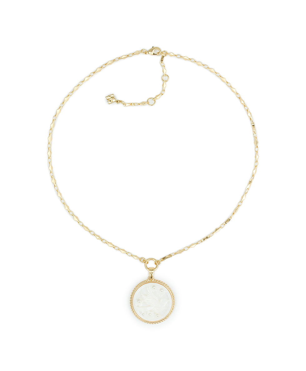 Female - Carved Bird Pendant - Mother of Pearl Bird Collection - worn gold - by Patricia Nash - View 2 of 3