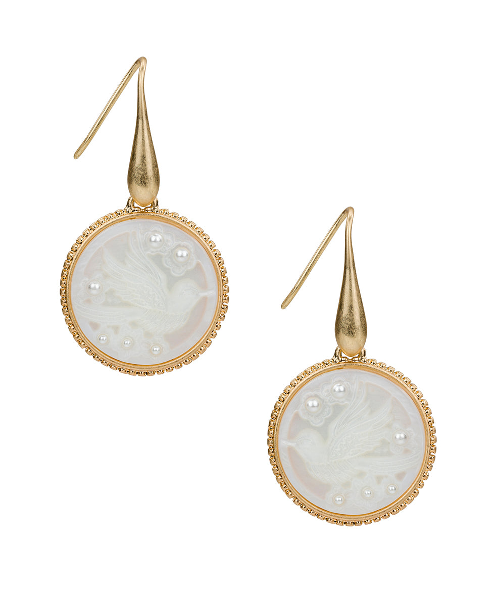 Female - Carved Bird Drop Earrings - Mother of Pearl Bird Collection - worn gold - by Patricia Nash - View 1 of 2