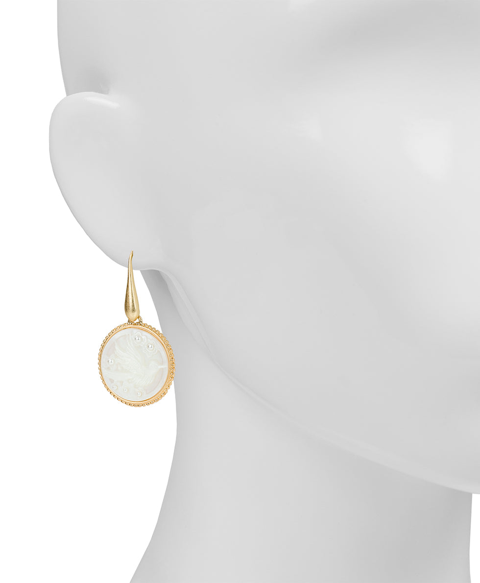 Female - Carved Bird Drop Earrings - Mother of Pearl Bird Collection - worn gold - by Patricia Nash - View 2 of 2