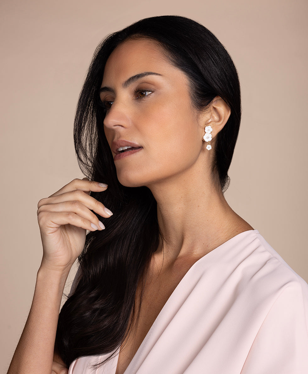 Female - 3 Flower Post Earrings - Mother of Pearl Bird Collection - worn gold - by Patricia Nash - View 4 of 4