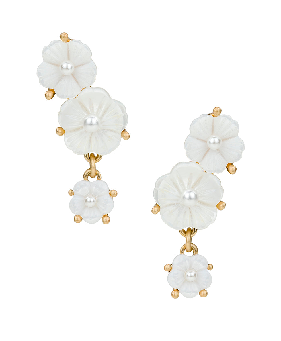 Female - 3 Flower Post Earrings - Mother of Pearl Bird Collection - worn gold - by Patricia Nash - View 1 of 4