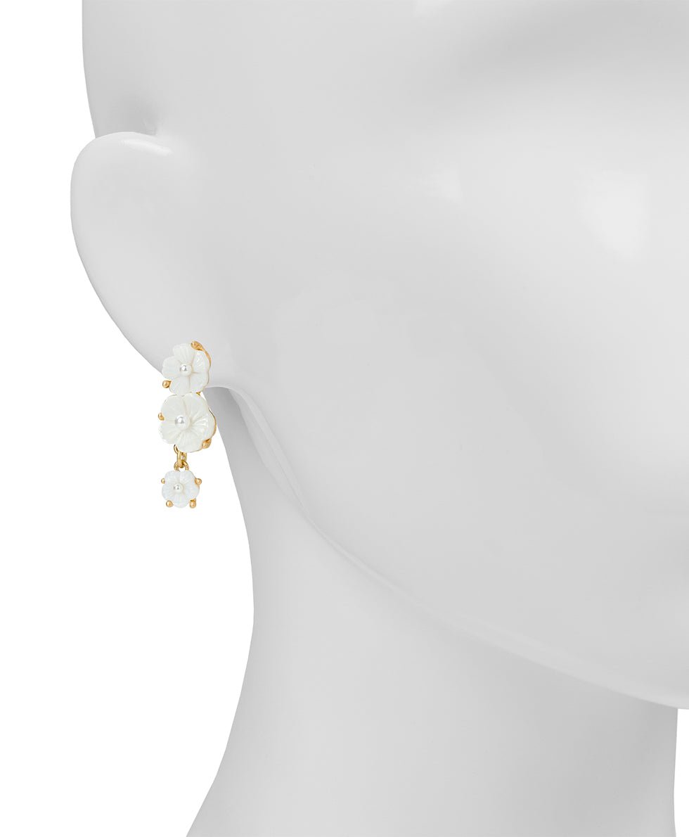 Female - 3 Flower Post Earrings - Mother of Pearl Bird Collection - worn gold - by Patricia Nash - View 2 of 4