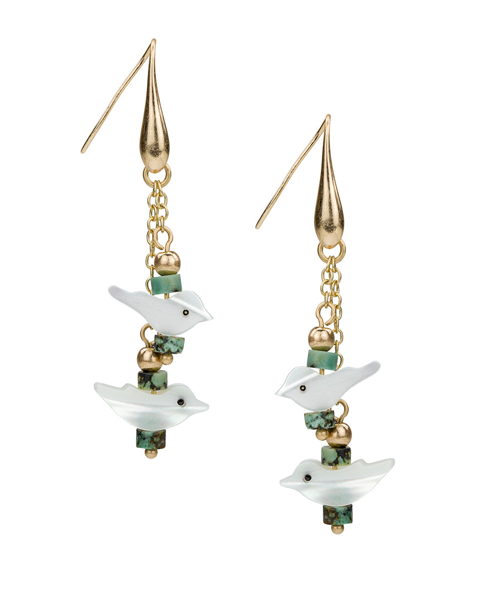 Female - Double Bird Drop Earrings - Mother of Pearl Bird Collection - worn gold - by Patricia Nash - View 1 of 3