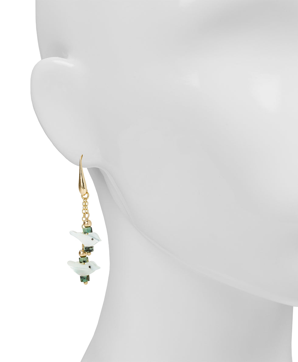 Female - Double Bird Drop Earrings - Mother of Pearl Bird Collection - worn gold - by Patricia Nash - View 2 of 3