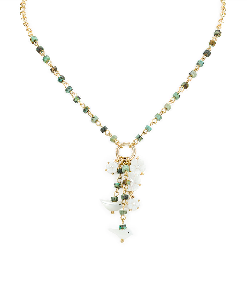 Female - Long Charm Dangle Necklace - Mother of Pearl Bird Collection - worn gold - by Patricia Nash - View 1 of 3