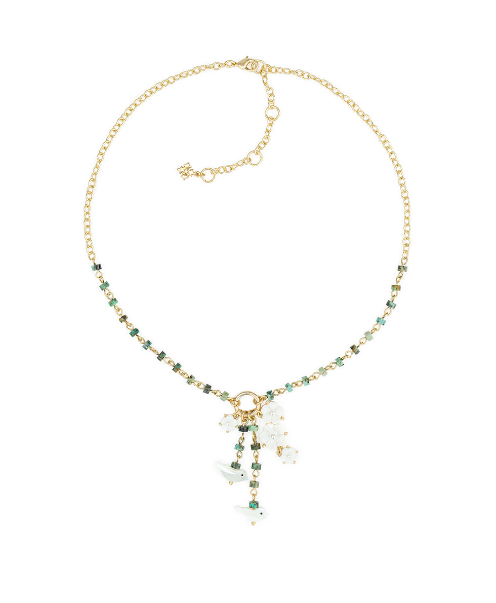 Female - Long Charm Dangle Necklace - Mother of Pearl Bird Collection - worn gold - by Patricia Nash - View 2 of 3