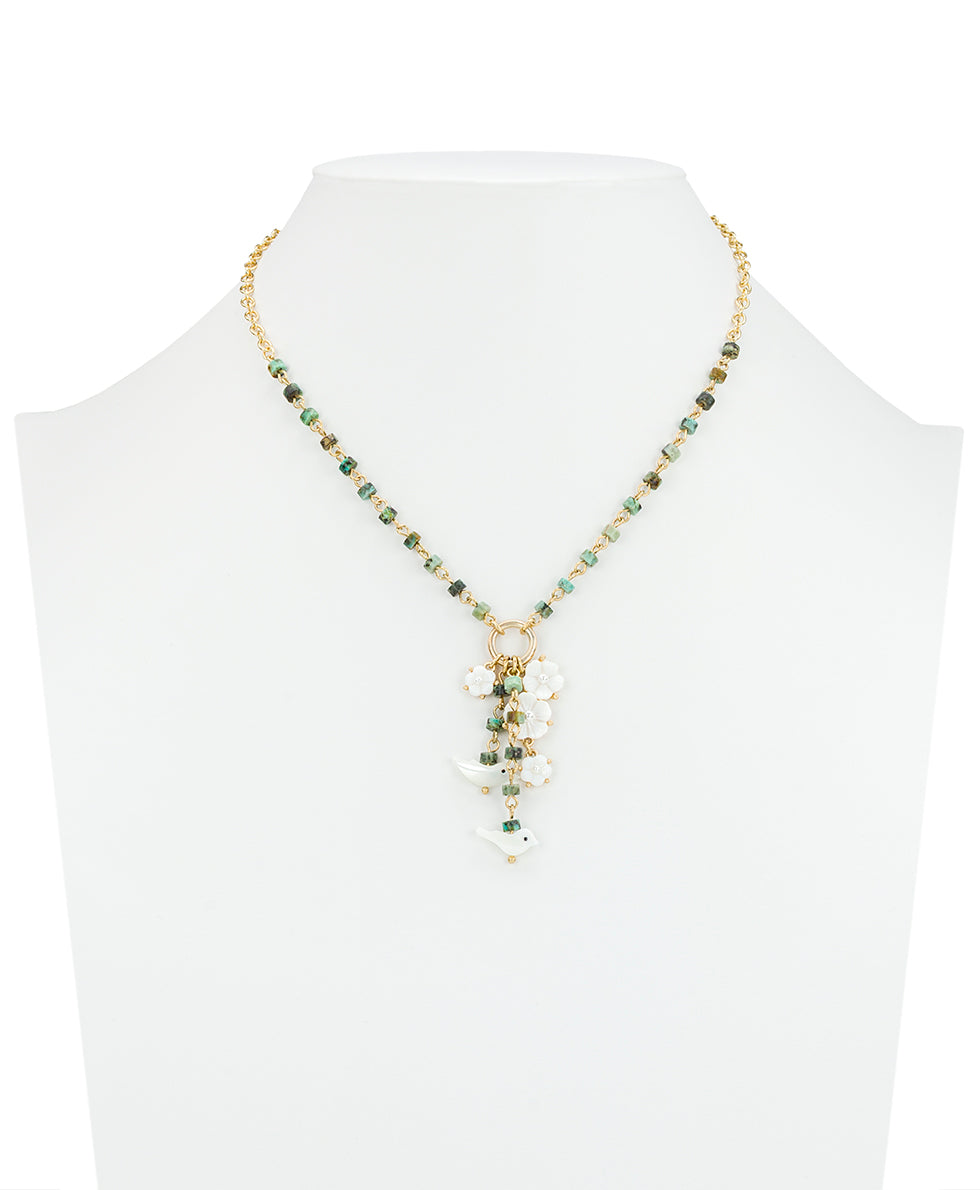 Female - Long Charm Dangle Necklace - Mother of Pearl Bird Collection - worn gold - by Patricia Nash - View 3 of 3