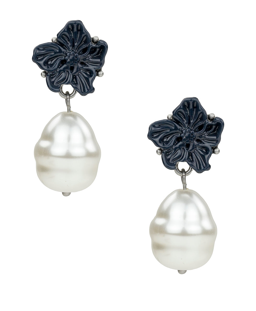 Female - Flower with Pearl Earrings - Floral Resin Collection - worn rhodium - by Patricia Nash - View 1 of 2