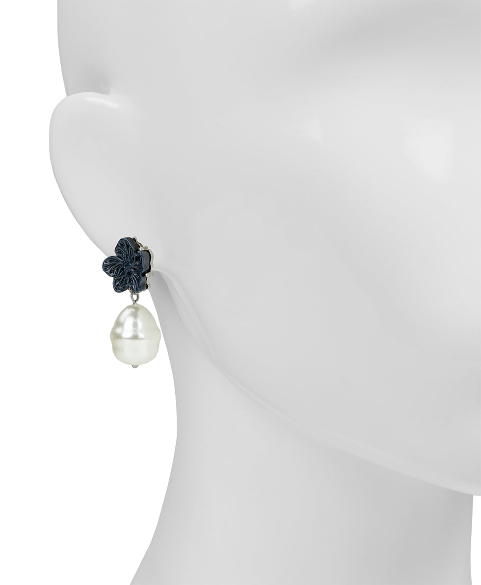Female - Flower with Pearl Earrings - Floral Resin Collection - worn rhodium - by Patricia Nash - View 2 of 2