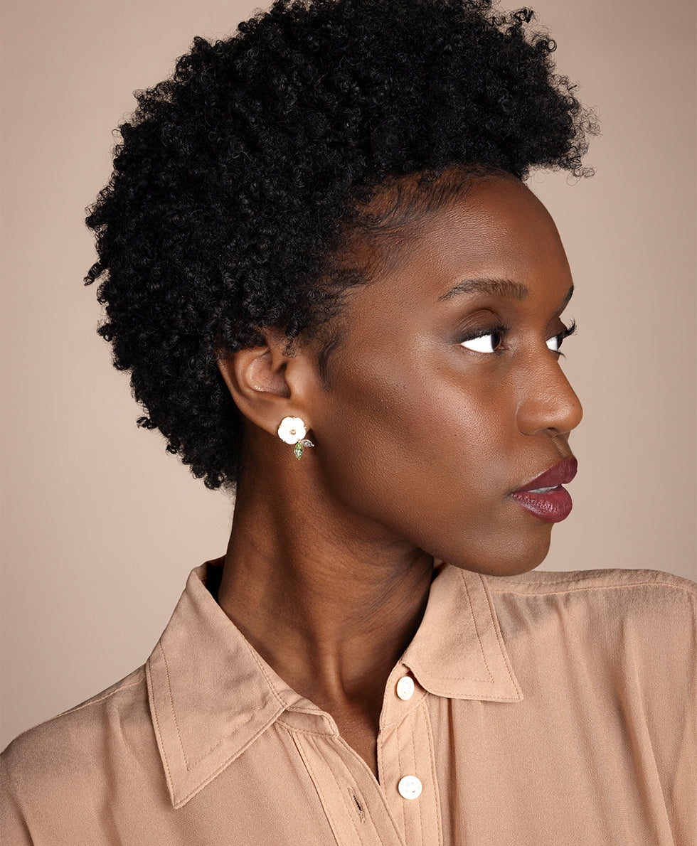 Female - Flower and Leaf Post Earrings - Fruit Collection - worn gold - by Patricia Nash - View 3 of 4