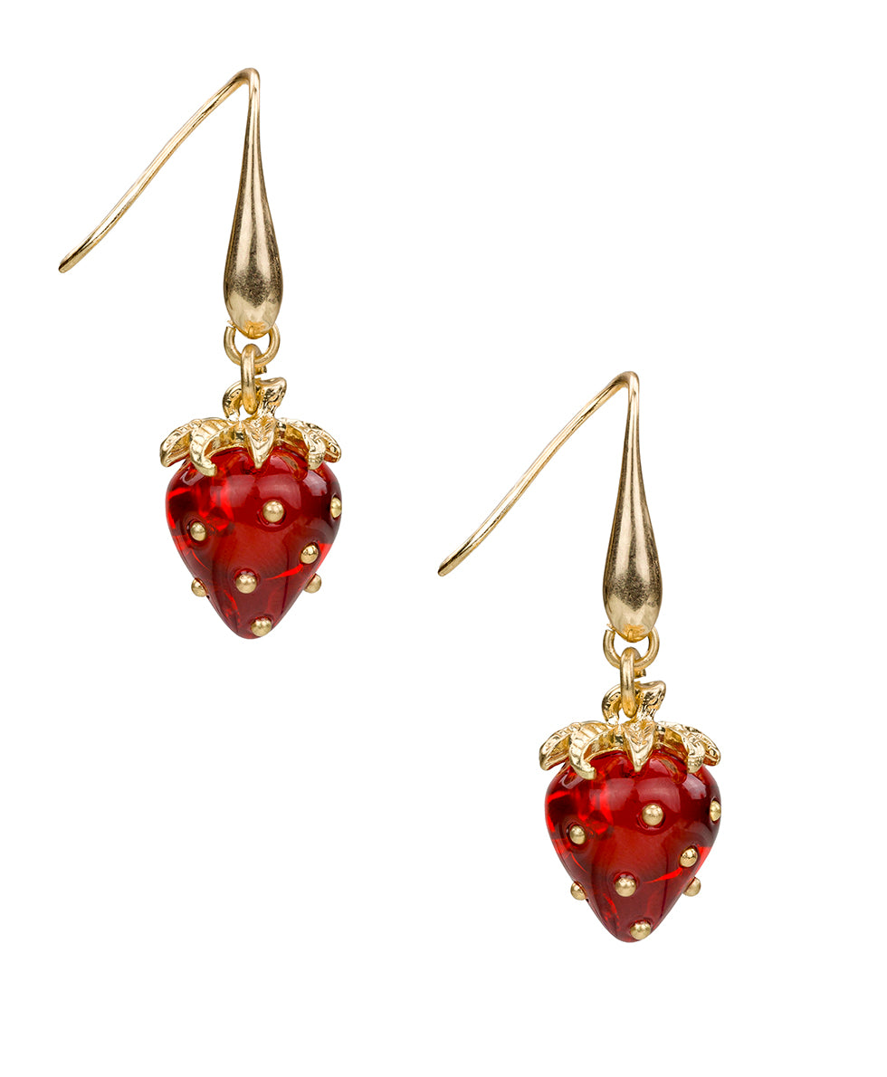 Female - Strawberry Wire Drop Earrings - Resin Strawberry Collection - worn gold - by Patricia Nash - View 1 of 4
