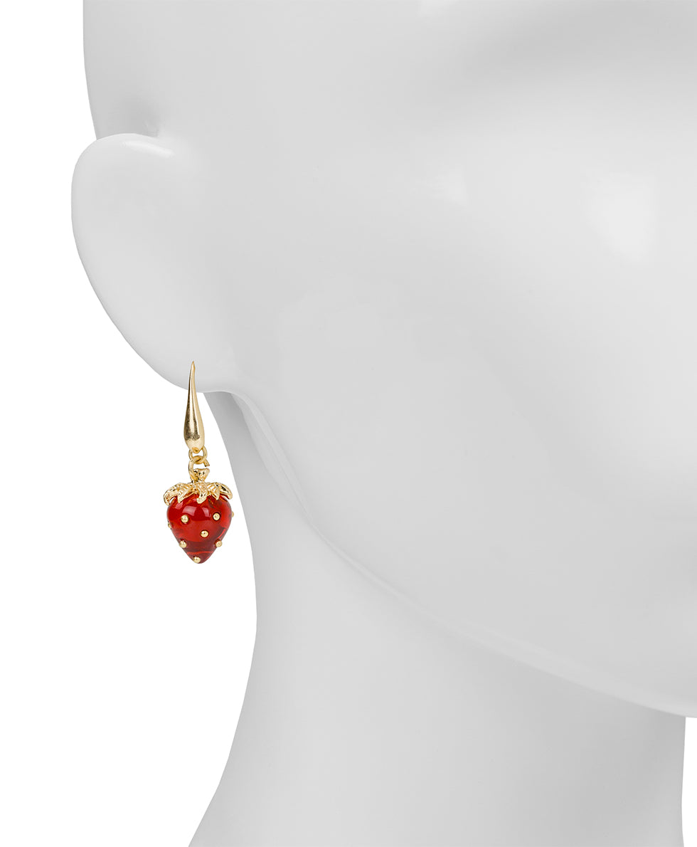 Female - Strawberry Wire Drop Earrings - Resin Strawberry Collection - worn gold - by Patricia Nash - View 2 of 4