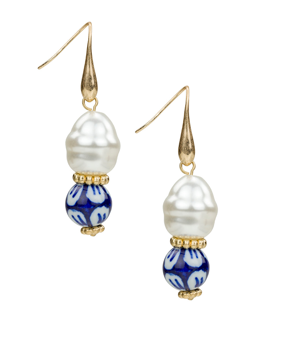 Female - Baroque Pearl Drop Earrings - Blue Ceramic Collection - worn gold - by Patricia Nash - View 1 of 2