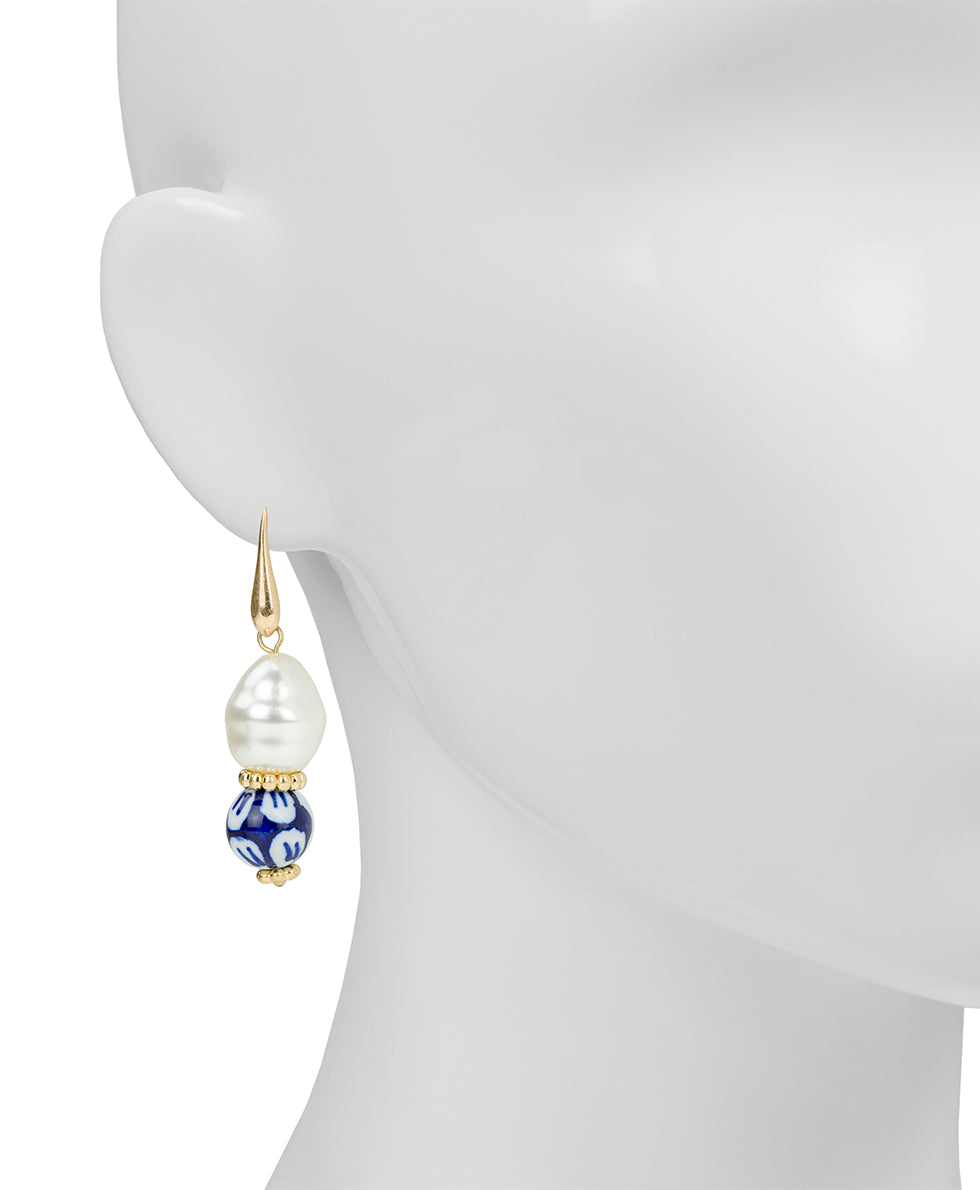 Female - Baroque Pearl Drop Earrings - Blue Ceramic Collection - worn gold - by Patricia Nash - View 2 of 2