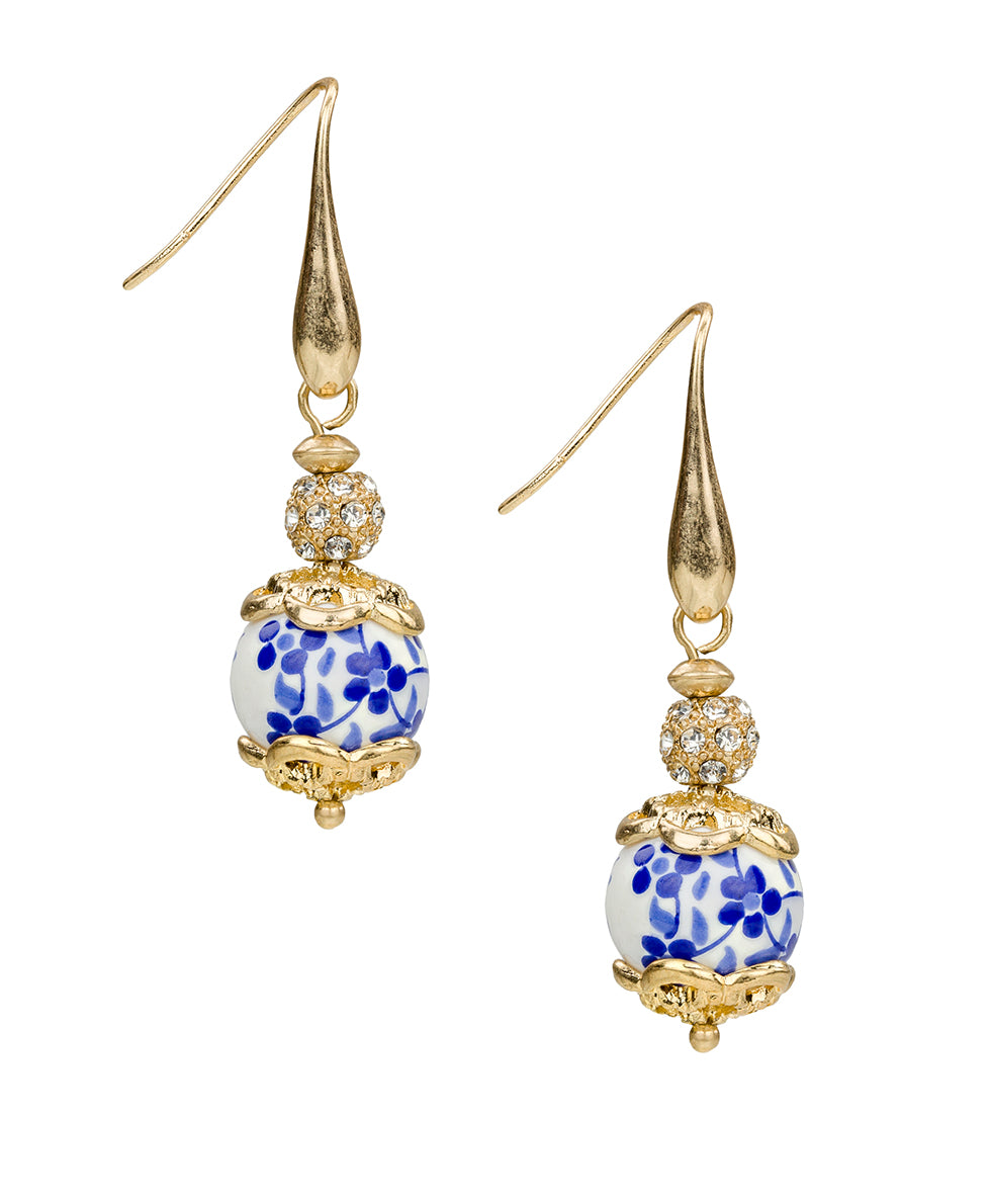 Female - Wire Bead Drop Earrings - Blue Ceramic Collection - worn gold - by Patricia Nash - View 1 of 3