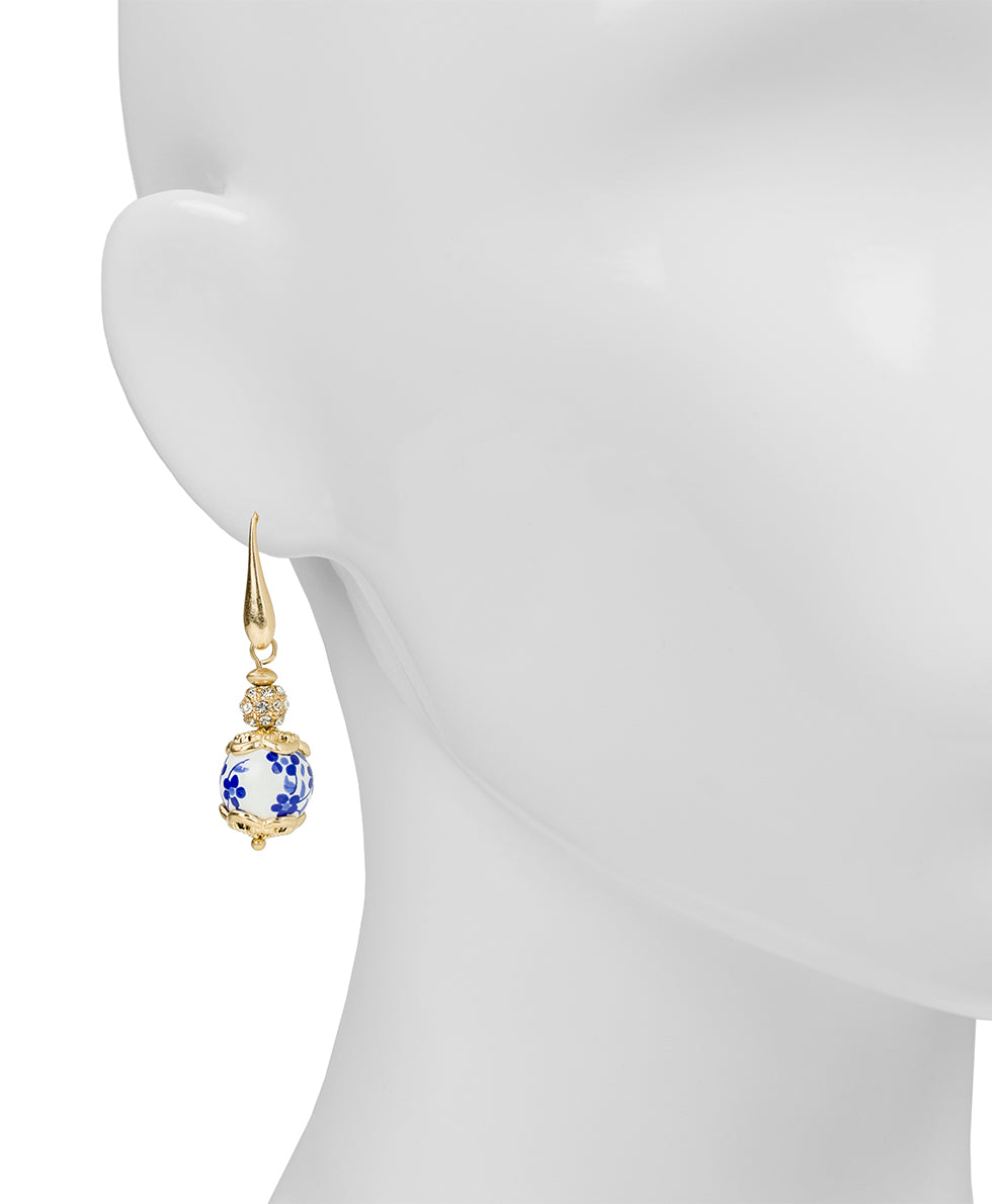 Female - Wire Bead Drop Earrings - Blue Ceramic Collection - worn gold - by Patricia Nash - View 2 of 3