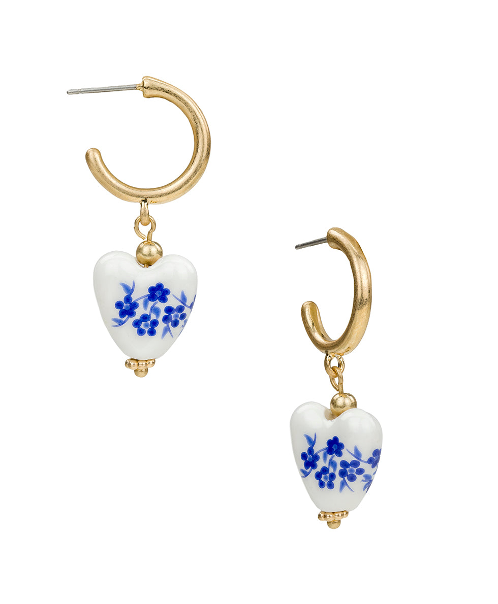 Female - Heart Hoop Earrings - Blue Ceramic Collection - worn gold - by Patricia Nash - View 1 of 2