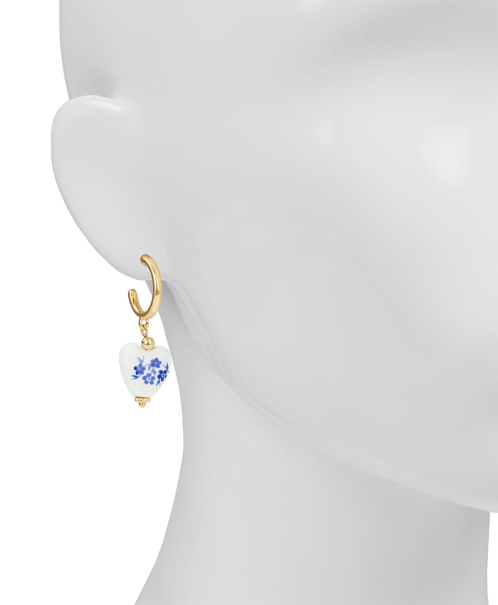 Female - Heart Hoop Earrings - Blue Ceramic Collection - worn gold - by Patricia Nash - View 2 of 2