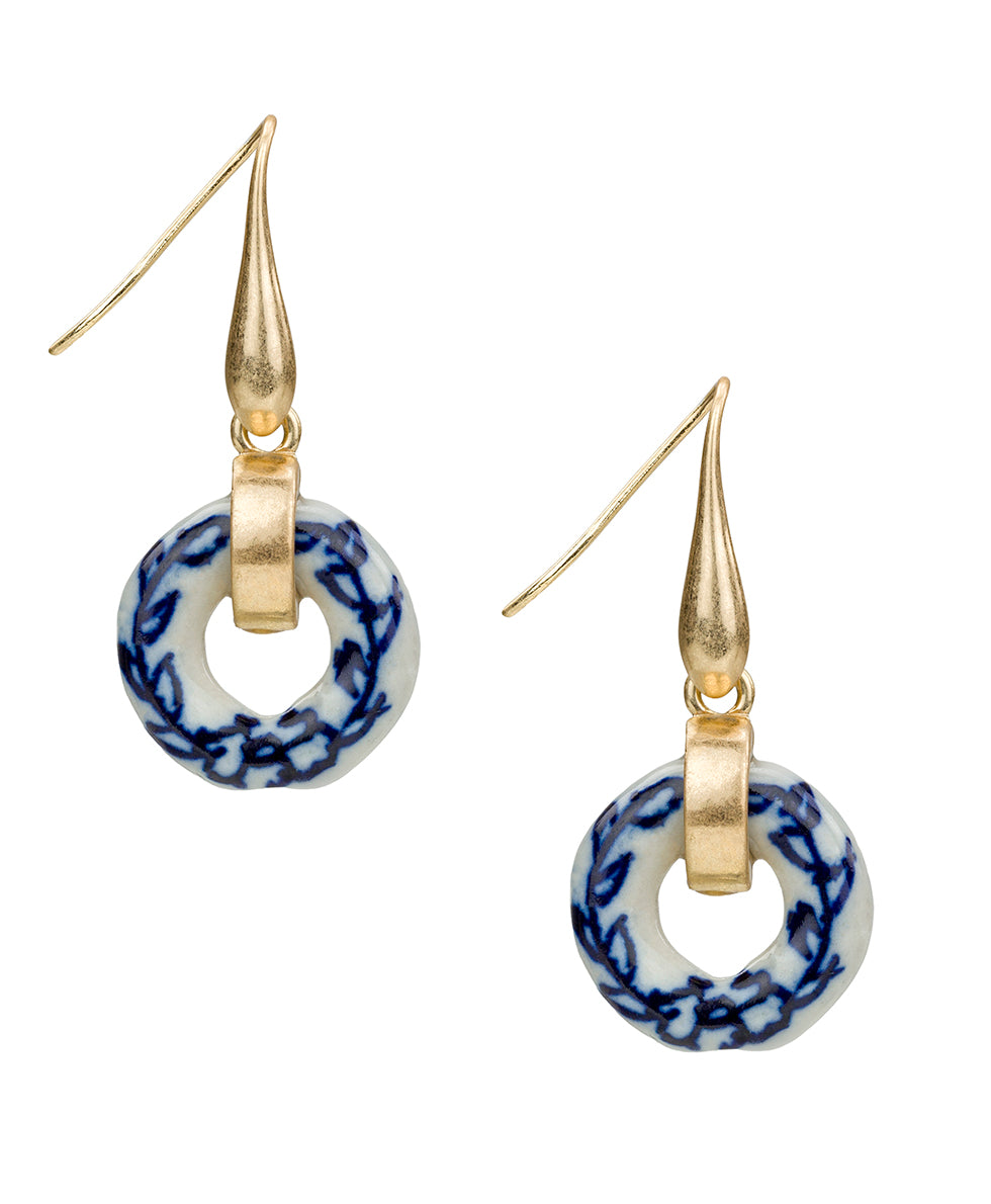Female - Circle Drop Earrings - Blue Ceramic Collection - worn gold - by Patricia Nash - View 1 of 4