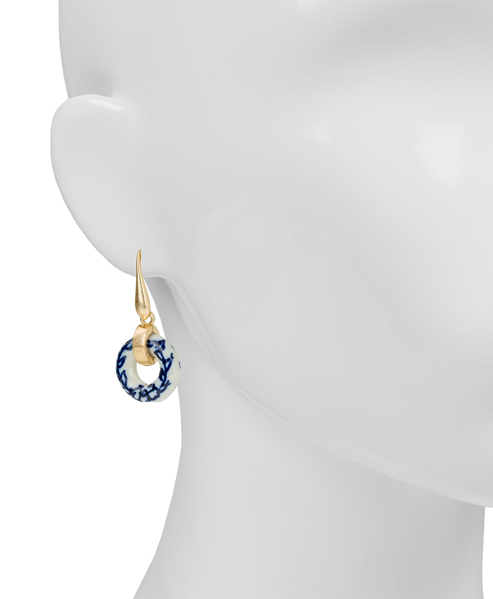 Female - Circle Drop Earrings - Blue Ceramic Collection - worn gold - by Patricia Nash - View 2 of 4