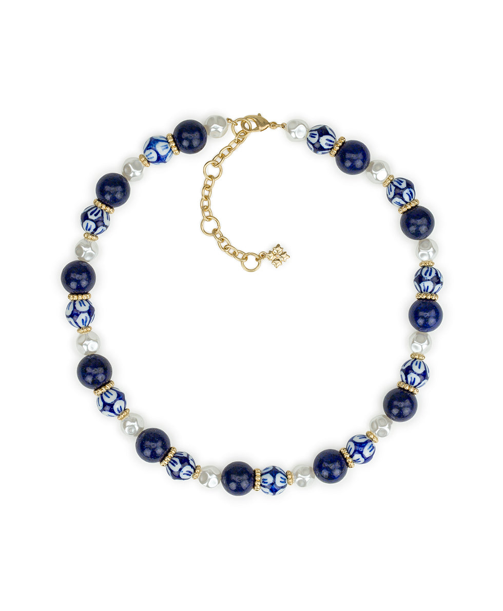 Female - Bead and Pearl Necklace - Blue Ceramic Collection - worn gold - by Patricia Nash - View 1 of 3