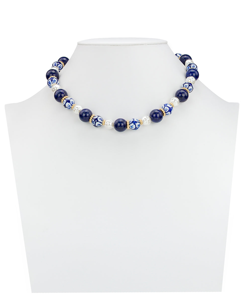Female - Bead and Pearl Necklace - Blue Ceramic Collection - worn gold - by Patricia Nash - View 2 of 3