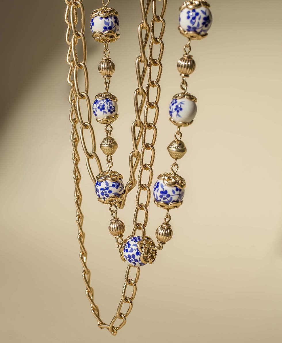 Female - Bead and Pearl Necklace - Blue Ceramic Collection - worn gold - by Patricia Nash - View 3 of 3