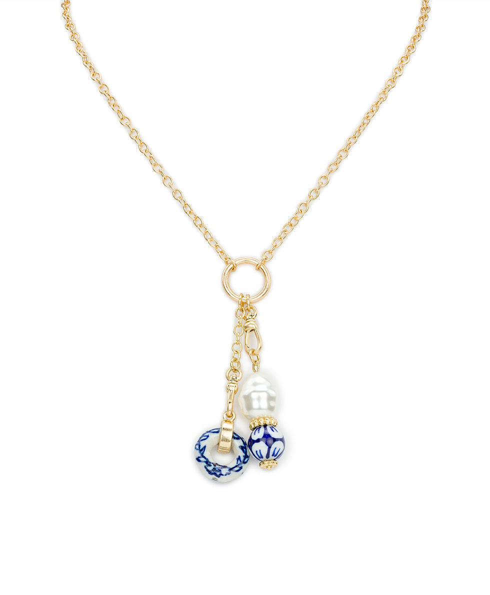 Female - Double Charm Necklace - Blue Ceramic Collection - worn gold - by Patricia Nash - View 1 of 4