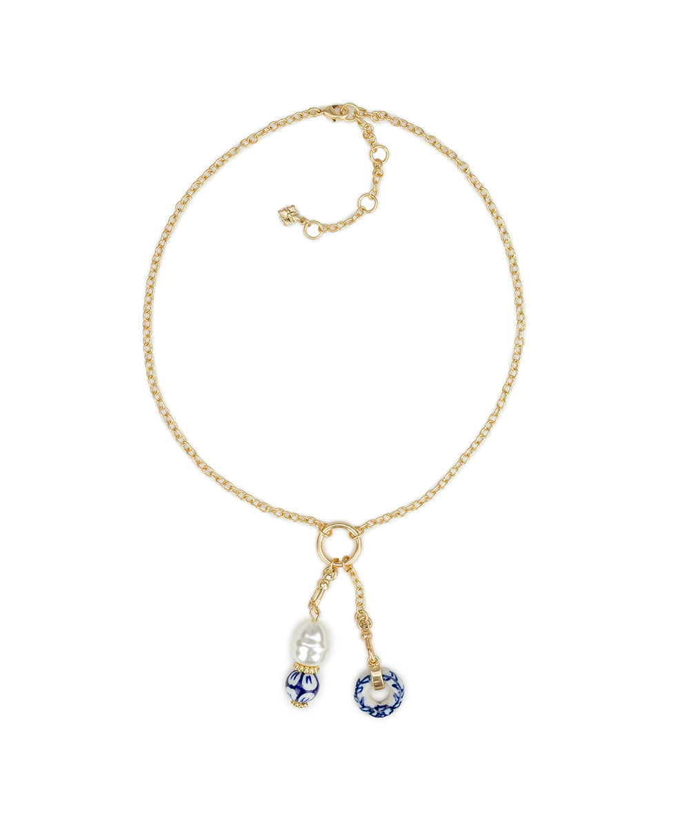 Female - Double Charm Necklace - Blue Ceramic Collection - worn gold - by Patricia Nash - View 2 of 4