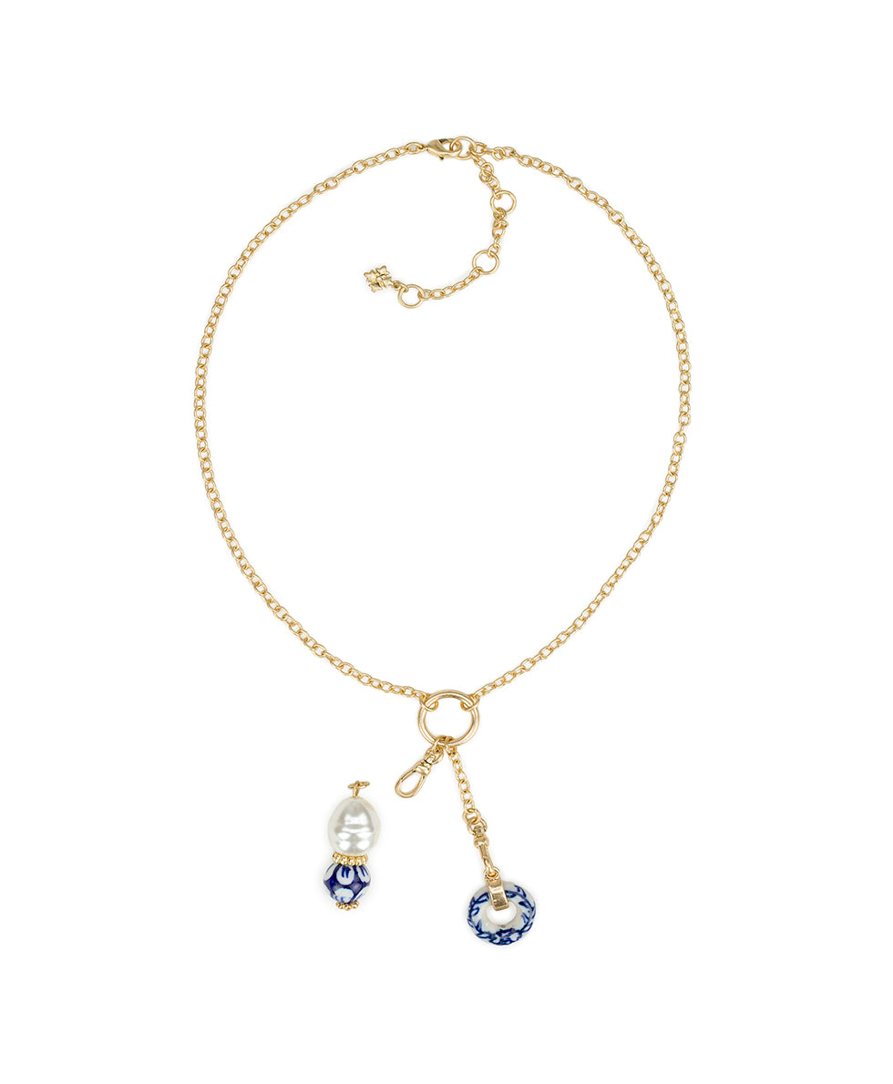 Female - Double Charm Necklace - Blue Ceramic Collection - worn gold - by Patricia Nash - View 3 of 4