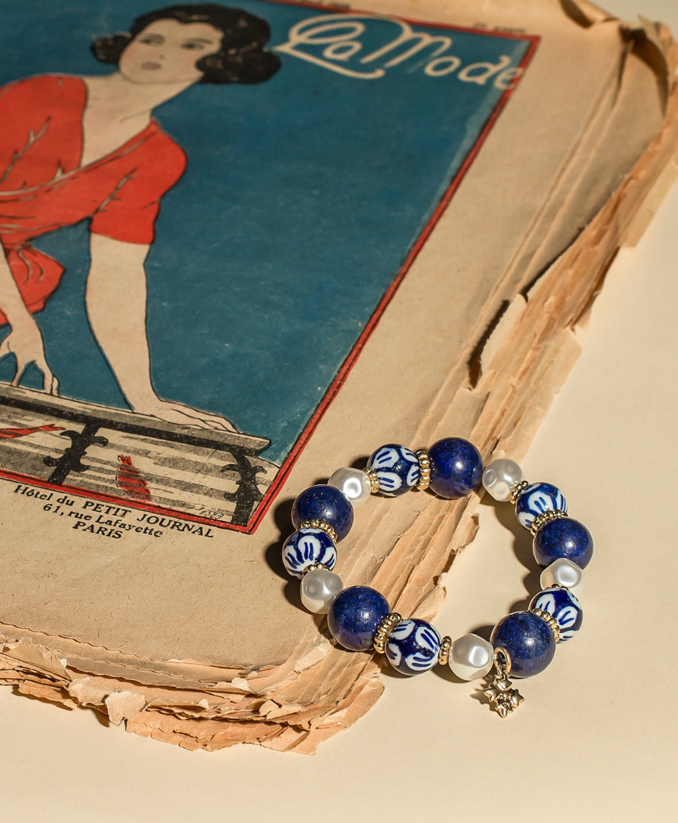 Female - Bead and Pearl Stretch Bracelet - Blue Ceramic Collection - worn gold - by Patricia Nash - View 3 of 5