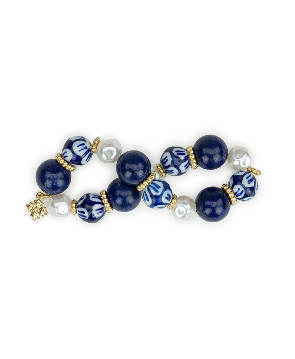 Female - Bead and Pearl Stretch Bracelet - Blue Ceramic Collection - worn gold - by Patricia Nash - View 2 of 5
