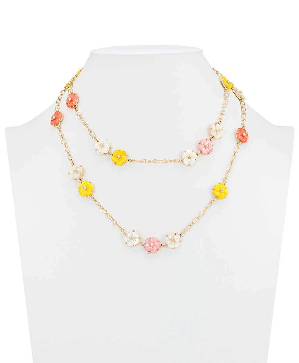 Female - Flower Station Necklace - Raffia Collection - worn gold - by Patricia Nash - View 3 of 4