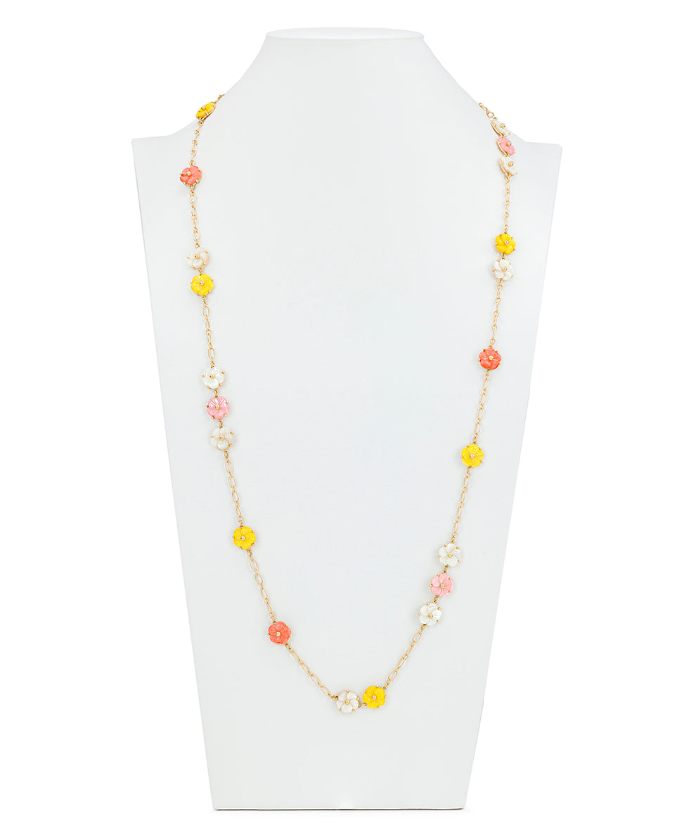 Female - Flower Station Necklace - Raffia Collection - worn gold - by Patricia Nash - View 4 of 4