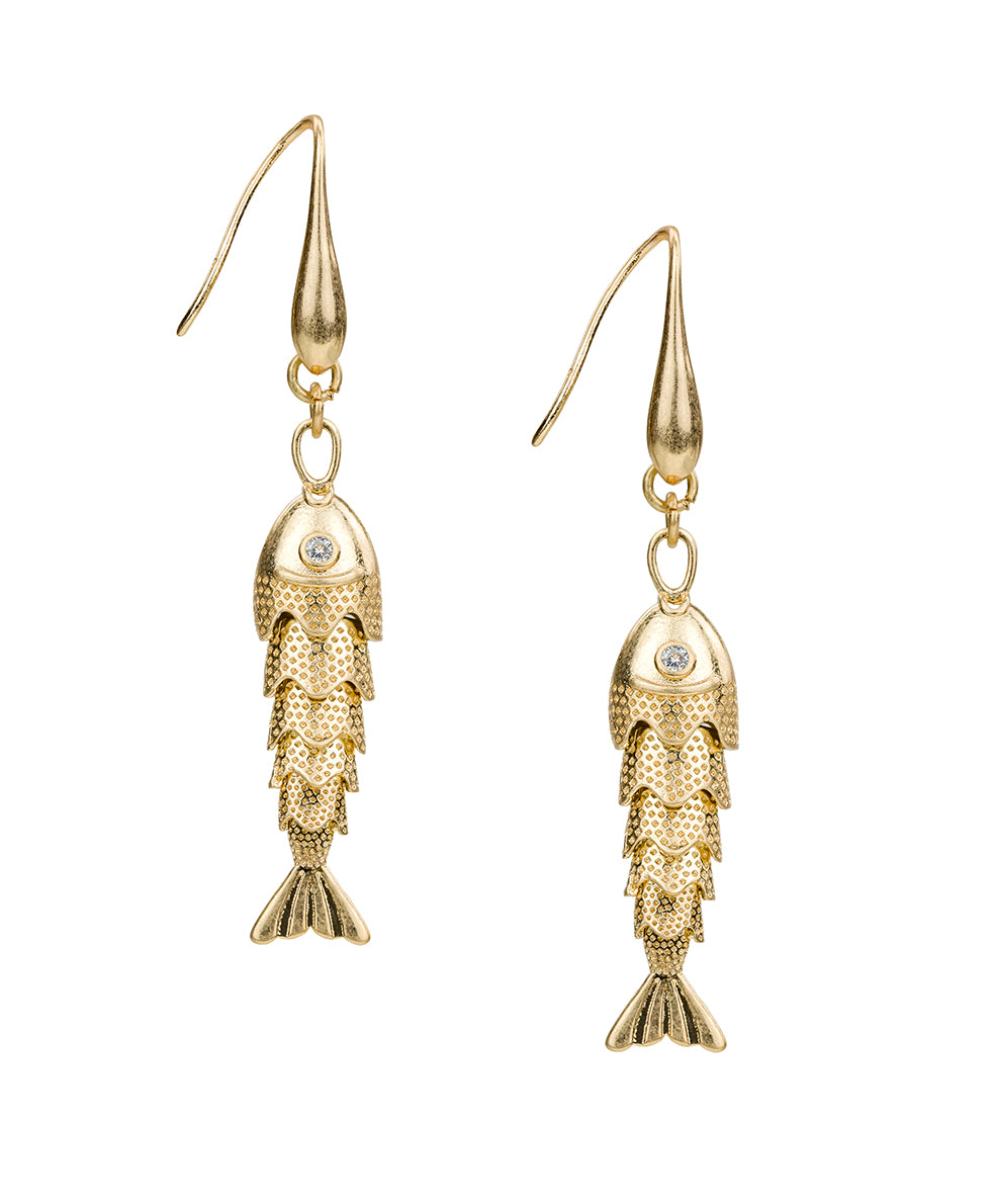 Female - Double Fish Drop Earrings - Nautical Collection - worn gold - by Patricia Nash - View 1 of 2
