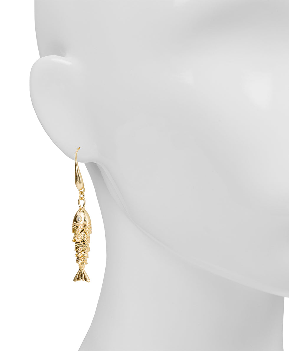 Female - Double Fish Drop Earrings - Nautical Collection - worn gold - by Patricia Nash - View 2 of 2