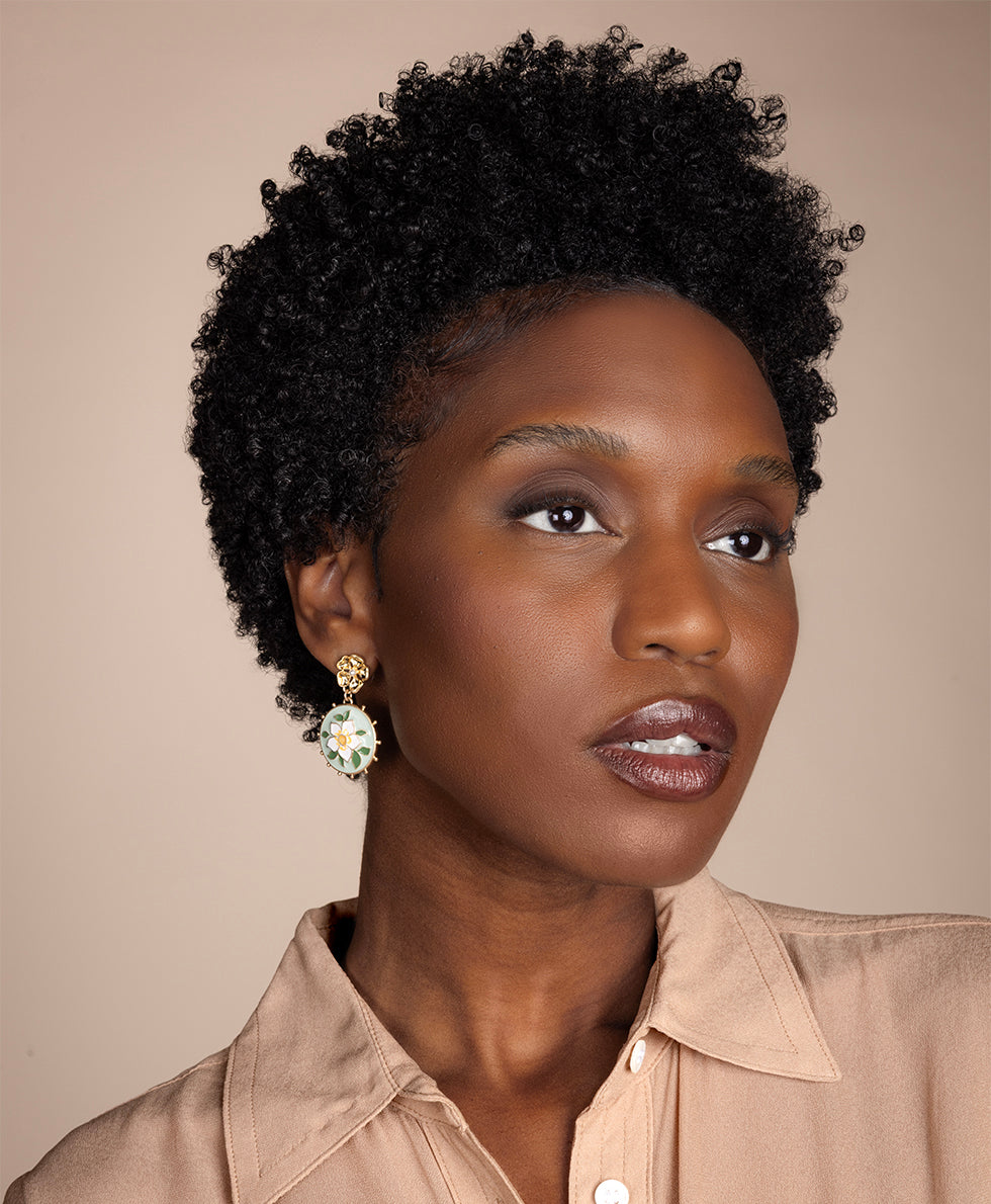 Female - Flower Post Earrings - Cloisonne Collection - worn gold - by Patricia Nash - View 3 of 5