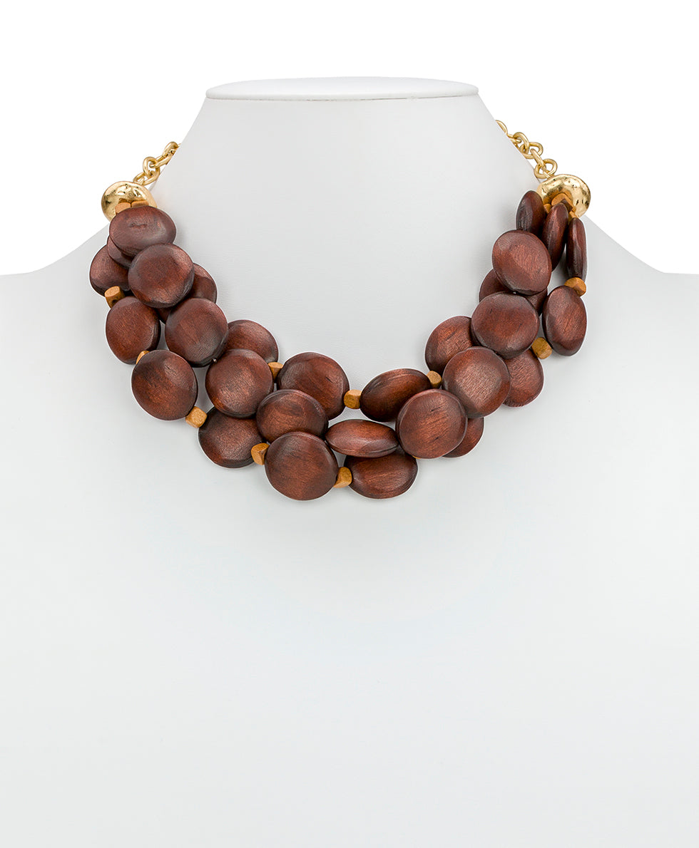 Female - 3 Strand Wooden Bead Necklace - Wood Butterfly Collection - worn gold - by Patricia Nash - View 2 of 2