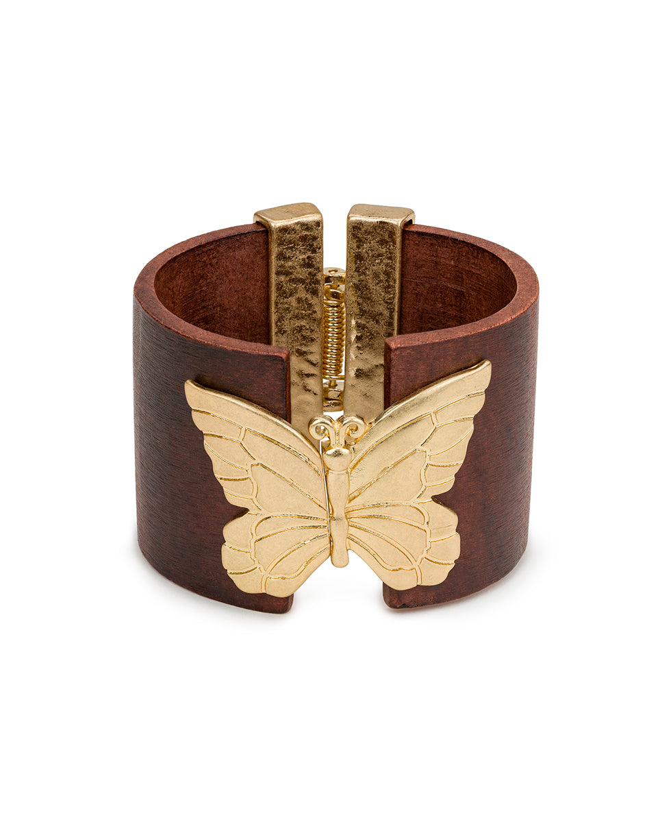 Female - Hinged Cuff - Wood Butterfly Collection - worn gold - by Patricia Nash - View 1 of 3
