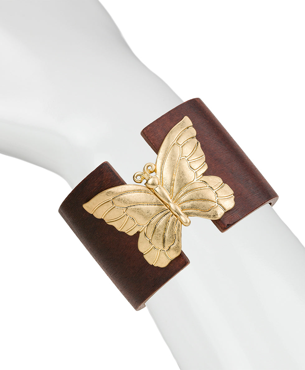 Female - Hinged Cuff - Wood Butterfly Collection - worn gold - by Patricia Nash - View 3 of 3